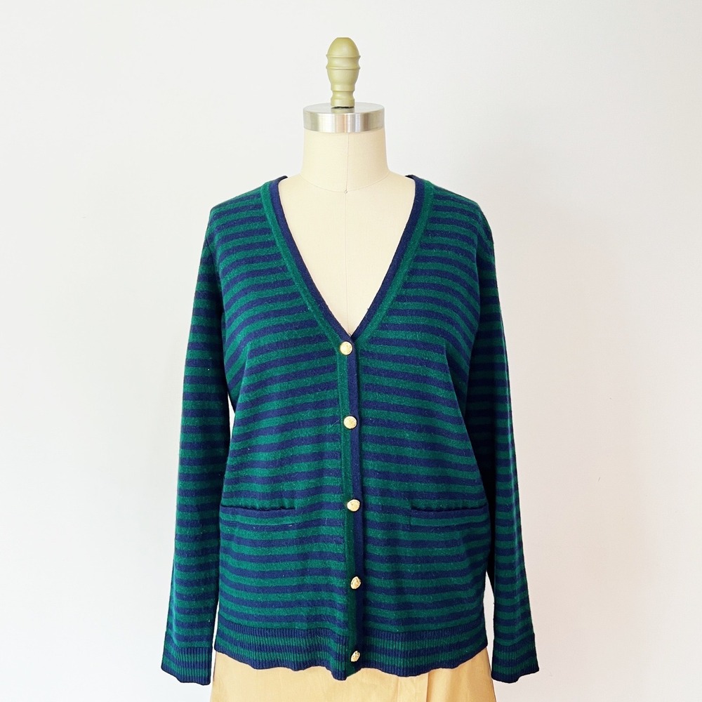 Cashmere Lauren Ralph Lauren Cardigan Green Navy Striped Gold Crest Button